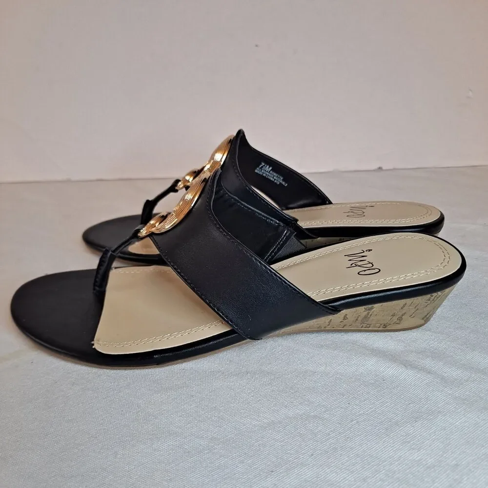 Impo Ronette Slide Sandals Women's 7.5 Black Gold Circle Cork Wedge Heel